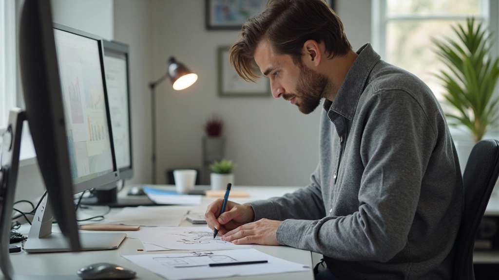 Designer aan het werk met schetsblokken en digitale tools op een modern bureau