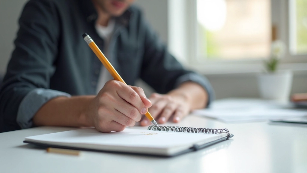 Designer aan het werk met notitieblok en potlood op een helder bureau met natuurlijk licht