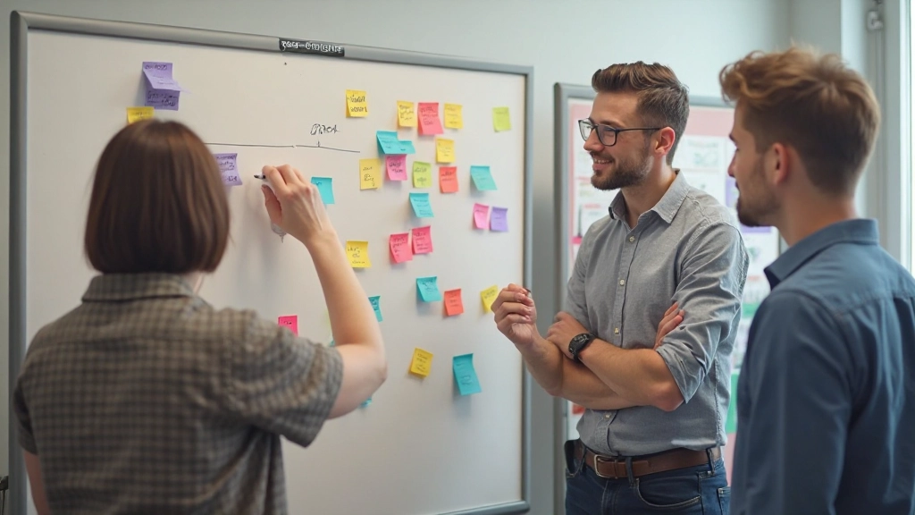 Team brainstorm sessie met kleurrijke sticky notes op een groot whiteboard in een creatieve werkruimte