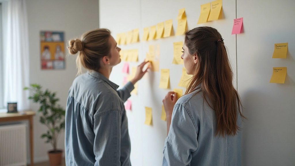 Team organiseert interview-aantekeningen op muur met sticky notes en verbindingslijnen in workshop