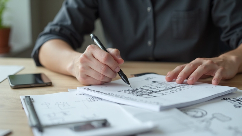 Notitieboek met aantekeningen, pen, smartphone en prototype-schermen op werkbureau