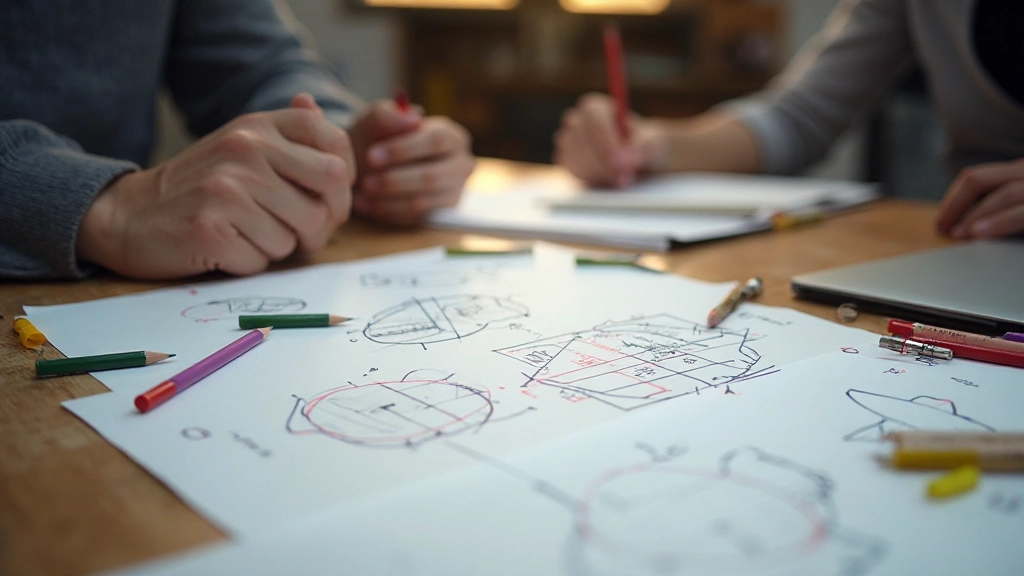 Papieren prototypes en wireframes uitgespreid op een werkbureau met pennen en markers