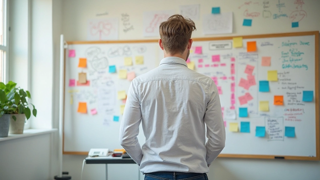 Whiteboard vol met handgeschreven aantekeningen, post-its en verbindingslijnen die een probleemdefinitie visualiseren